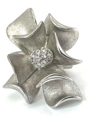 Sterling Silver Floral Statement Ring with Crystal Center